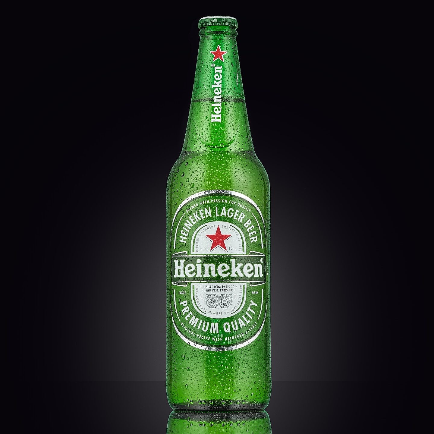 Styled Product Shot of Heineken Glass Beer Bottle with condensation droplets